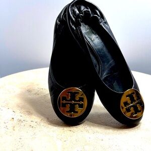 Tory Burch Black Flats with Gold Emblem